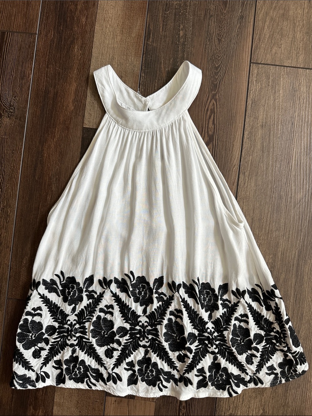 Caution To The Wind White Halter top with Black Floral Border Embroidery